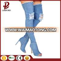 Made in China factory lady shoes wholesale hot style knee fish mouth fashing denim long high heeled women boot 2017 summer